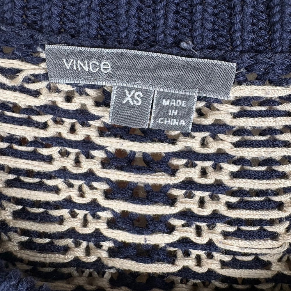 Vince Marled Knit Crewneck Sweater Womens Size XS Navy Cream Cotton Chunky Cozy - Picture 2 of 7
